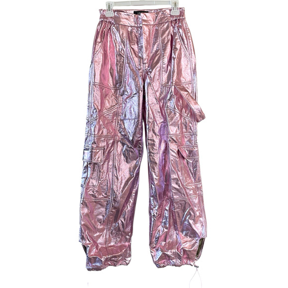 AKIRA "Out Of This World" Women's Size Small Pink Metallic Zip Cargo Pants NWT - Picture 2 of 9